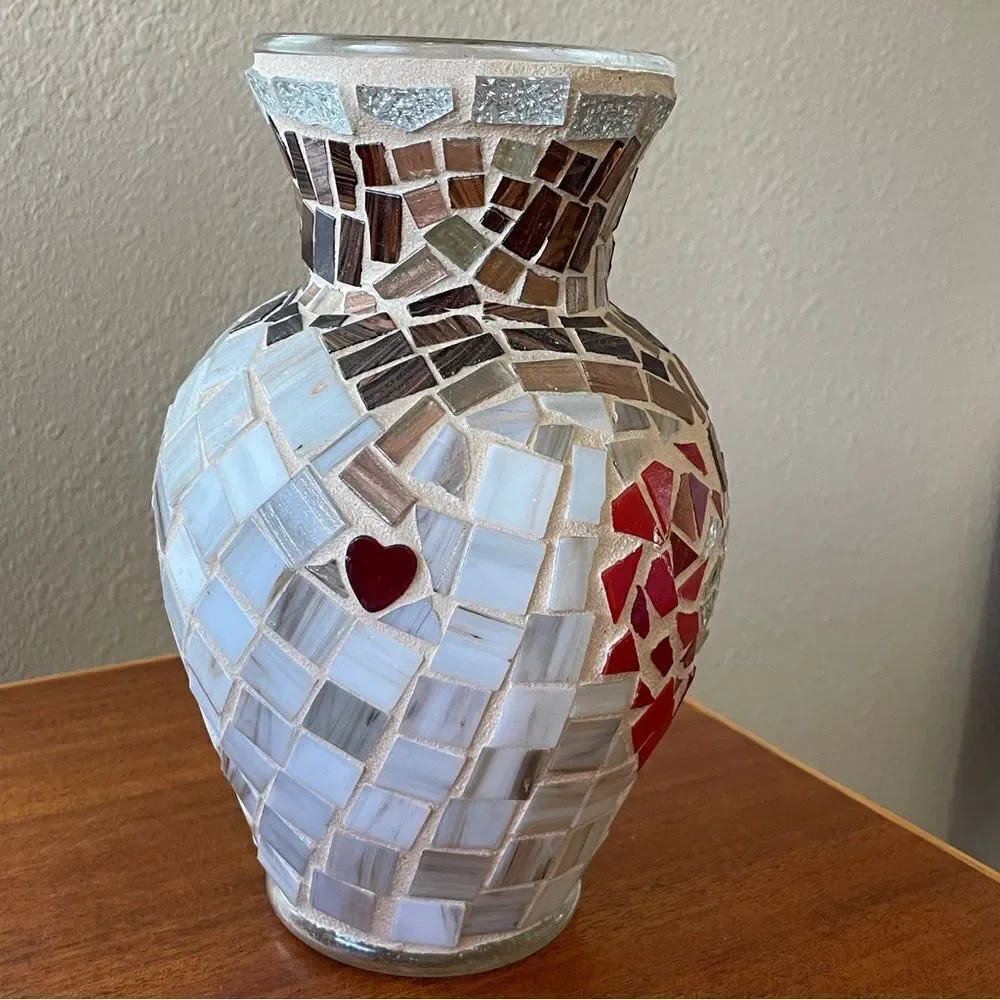 Handmade Mosaic Vase Heart Shaped Design Red Silver Cream